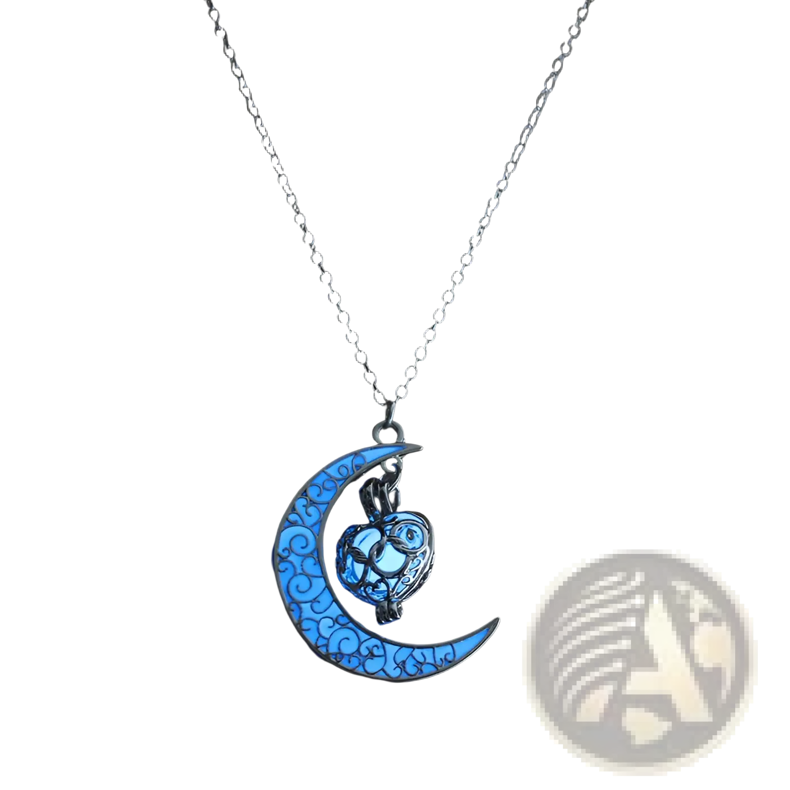Luminous heart and filigree crescent moon pendant necklace featuring a glowing blue crescent with intricate patterns and a luminous orb