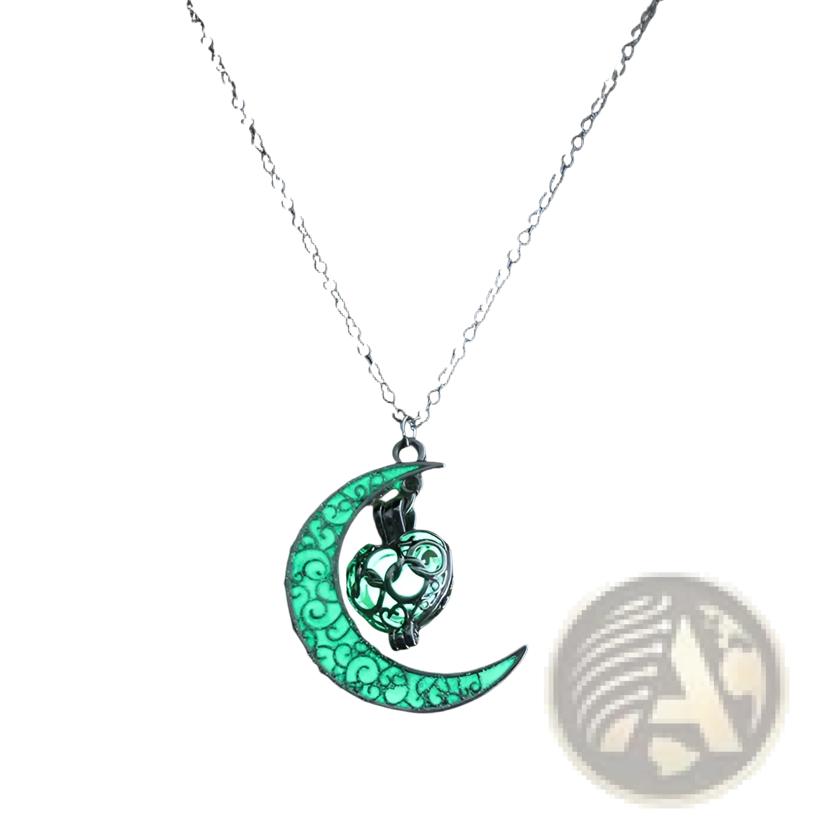 A luminous heart and filigree crescent moon pendant necklace with a glowing green crescent and ornate design