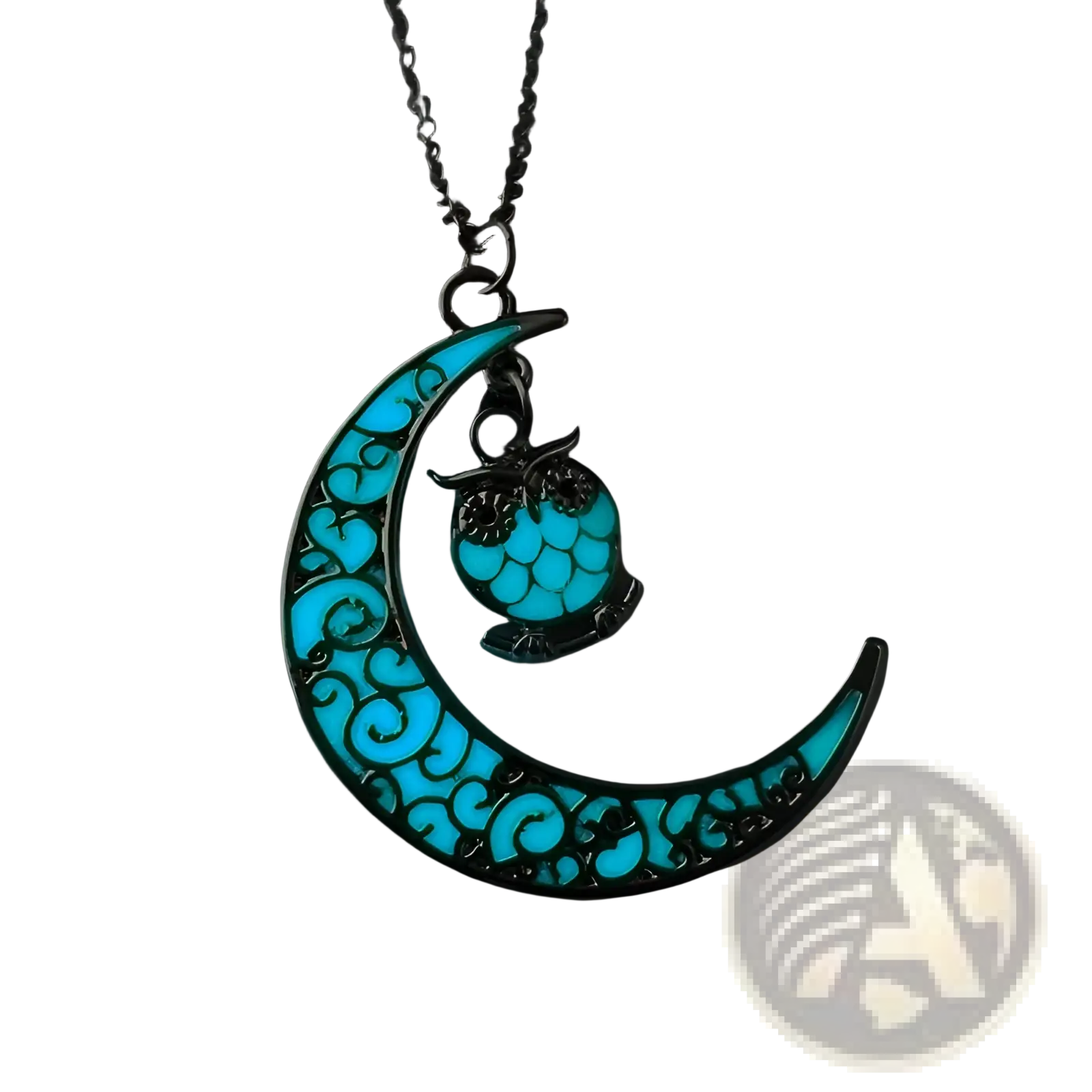 Luminous heart and filigree crescent moon pendant necklace with glowing turquoise crescent moon and silver owl charm