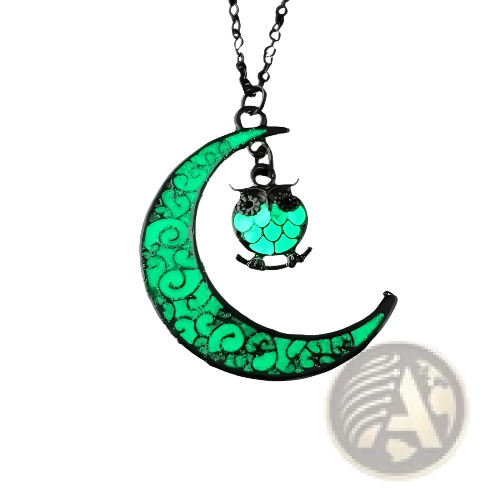 A luminous heart and filigree crescent moon pendant necklace with a glowing green crescent moon and owl charm