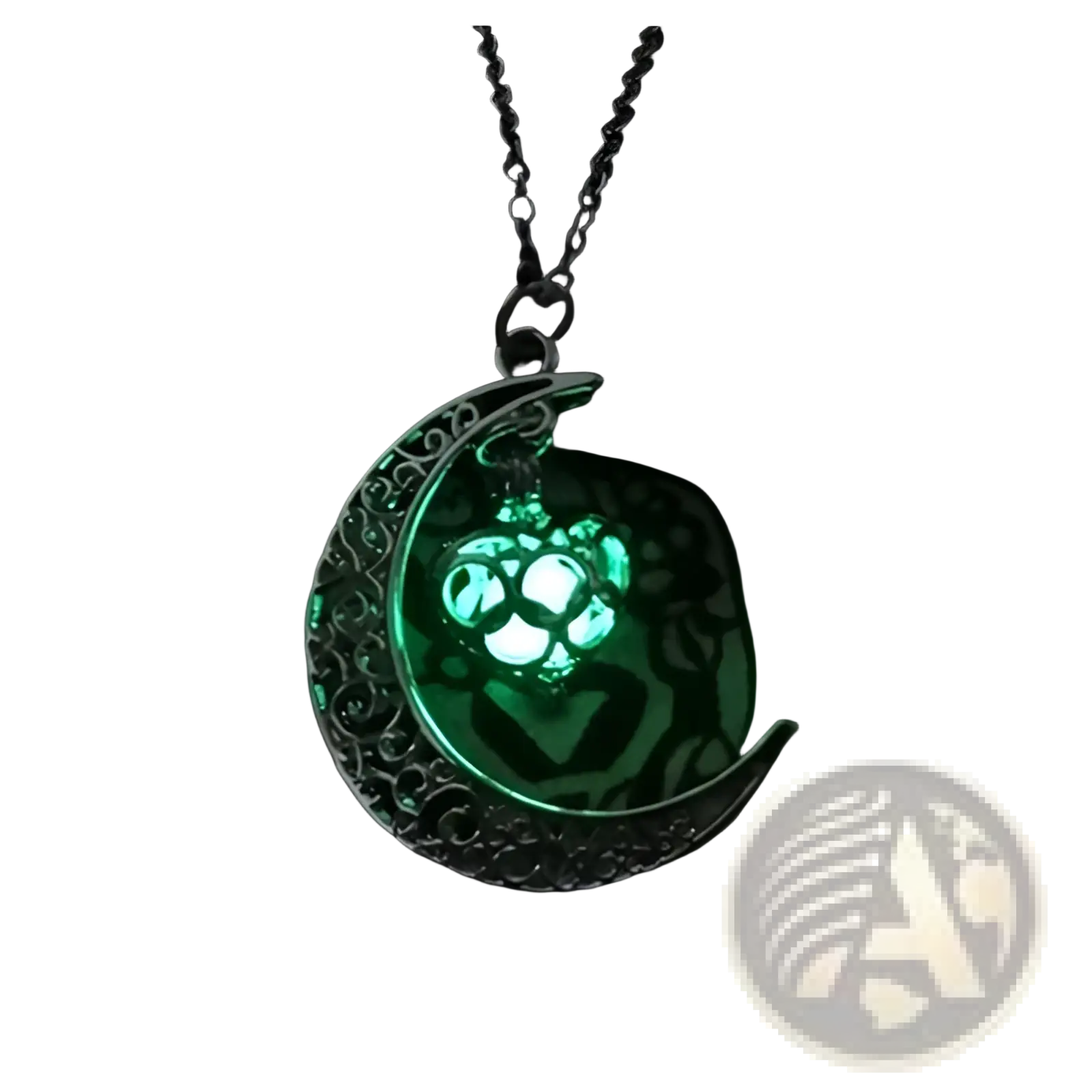 Luminous Heart and filigree crescent moon pendant necklace with a silver filigree design and glowing green orb centerpiece