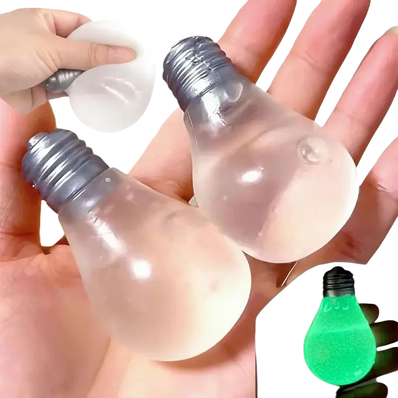 Translucent gel-filled light bulb-shaped stress ball with metallic base for sensory fidget stress relief and squeezing