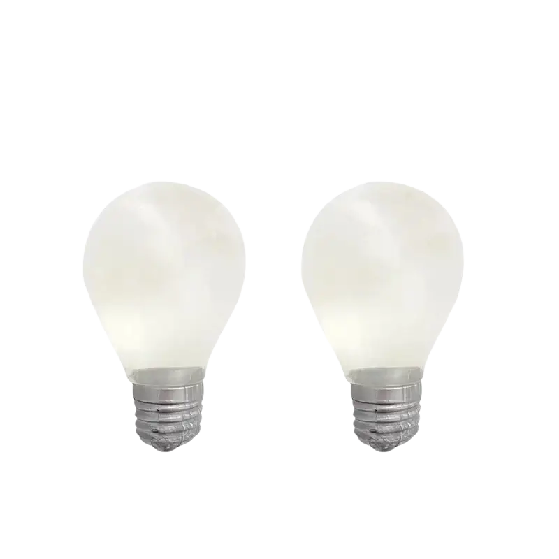 Two frosted white incandescent light bulb squeeze toys with metallic bases for sensory fidget stress relief