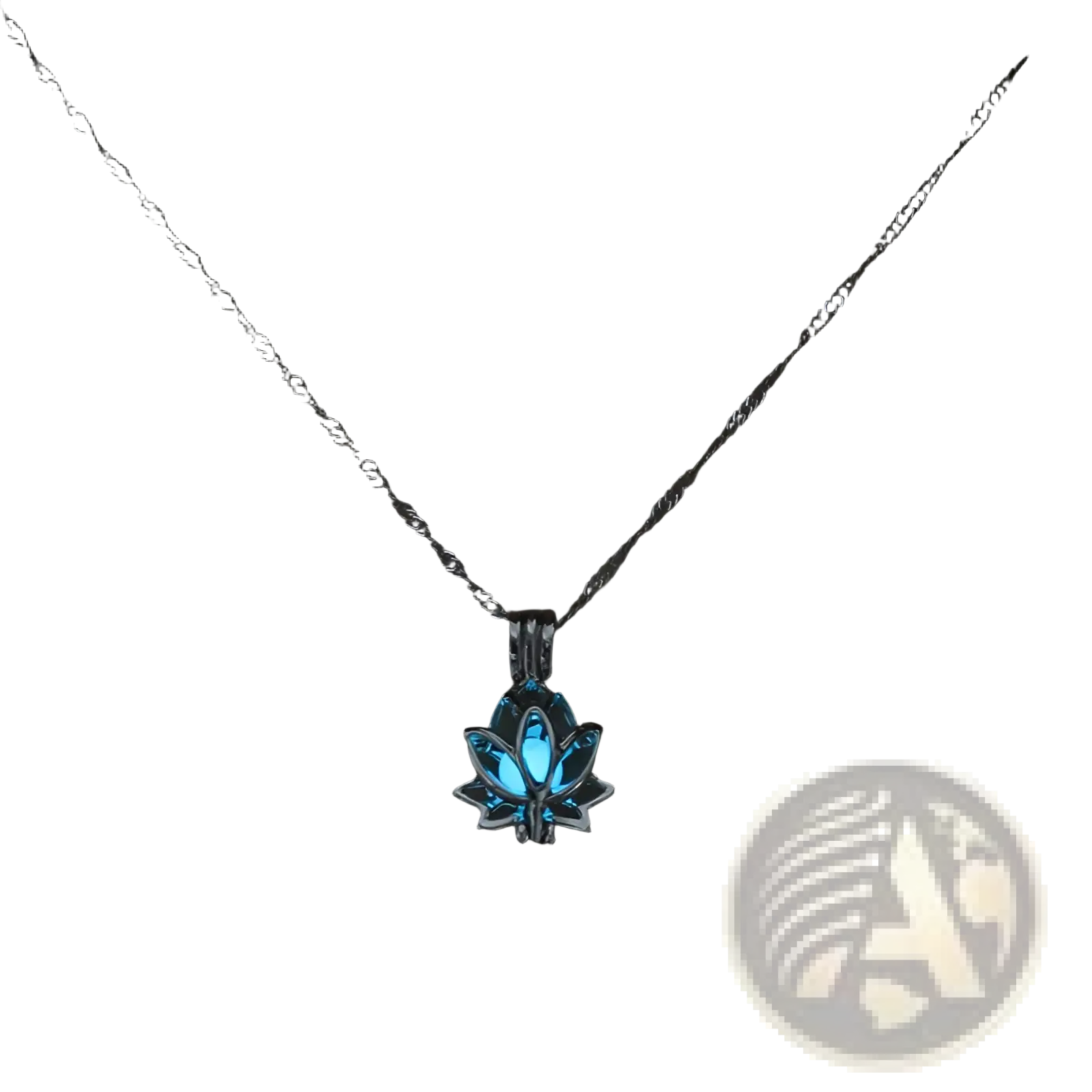 A delicate silver chain necklace with a glowing blue lotus pendant featuring faceted gemstones