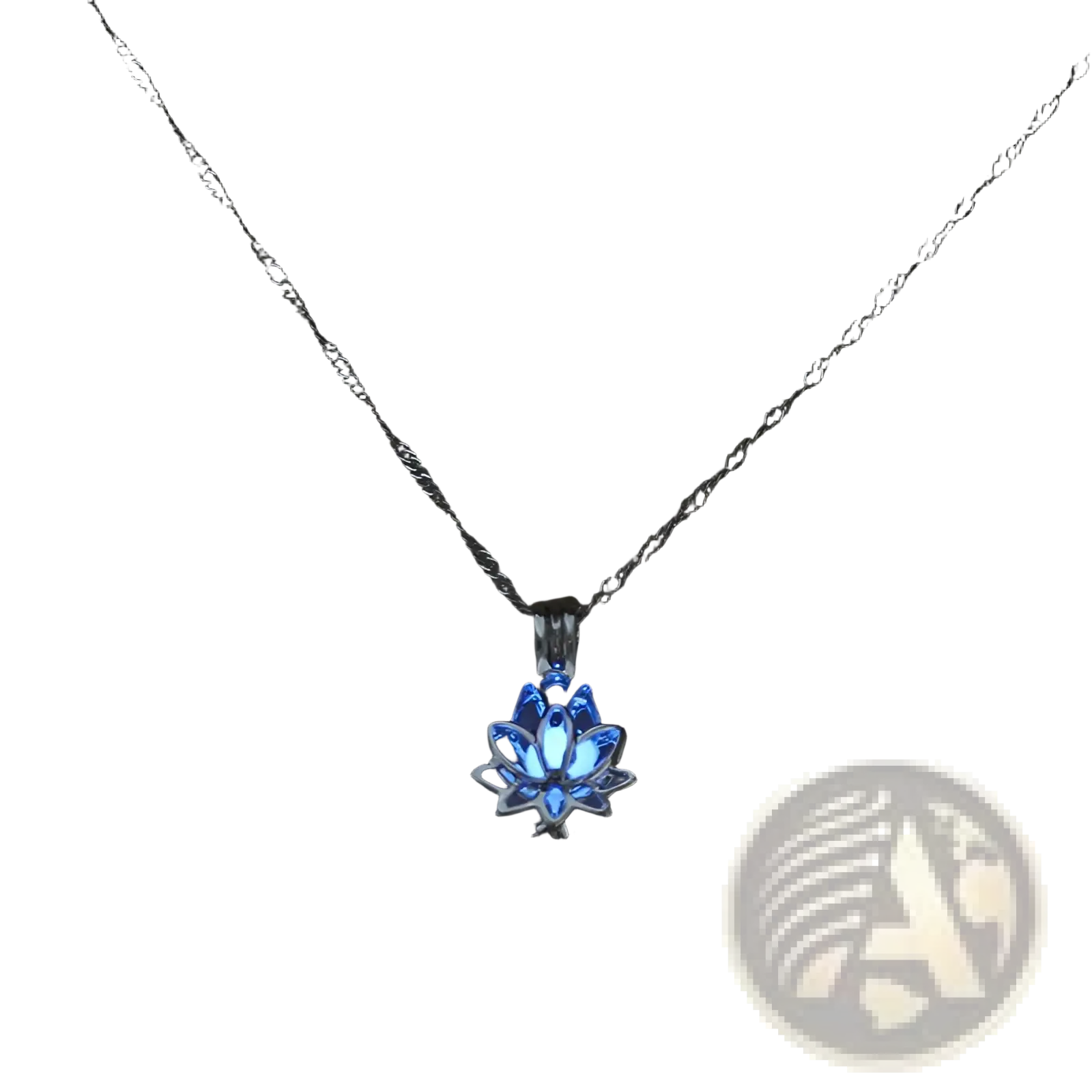 A luminous blue lotus flower glow pendant necklace with silver chain showcasing its glowing feature