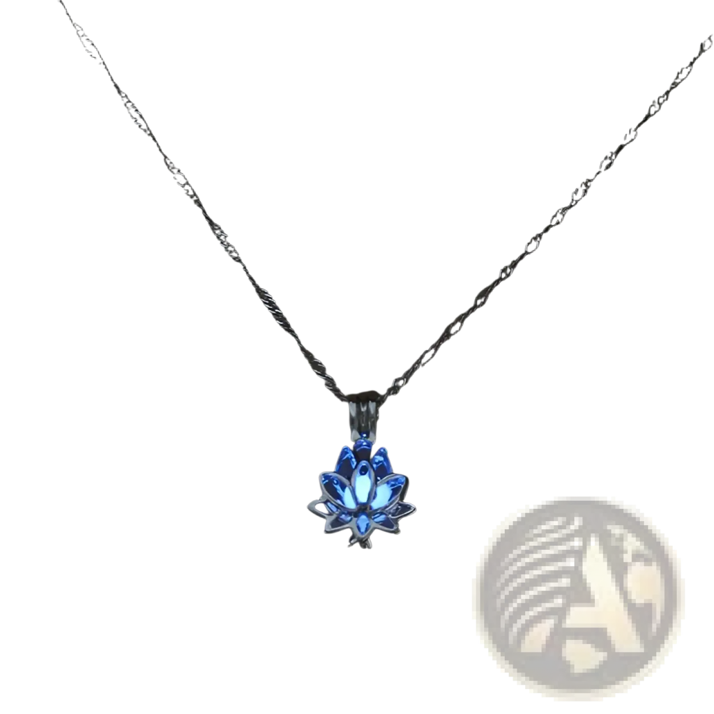 A luminous blue lotus flower glow pendant necklace with a silver chain made of high-quality materials