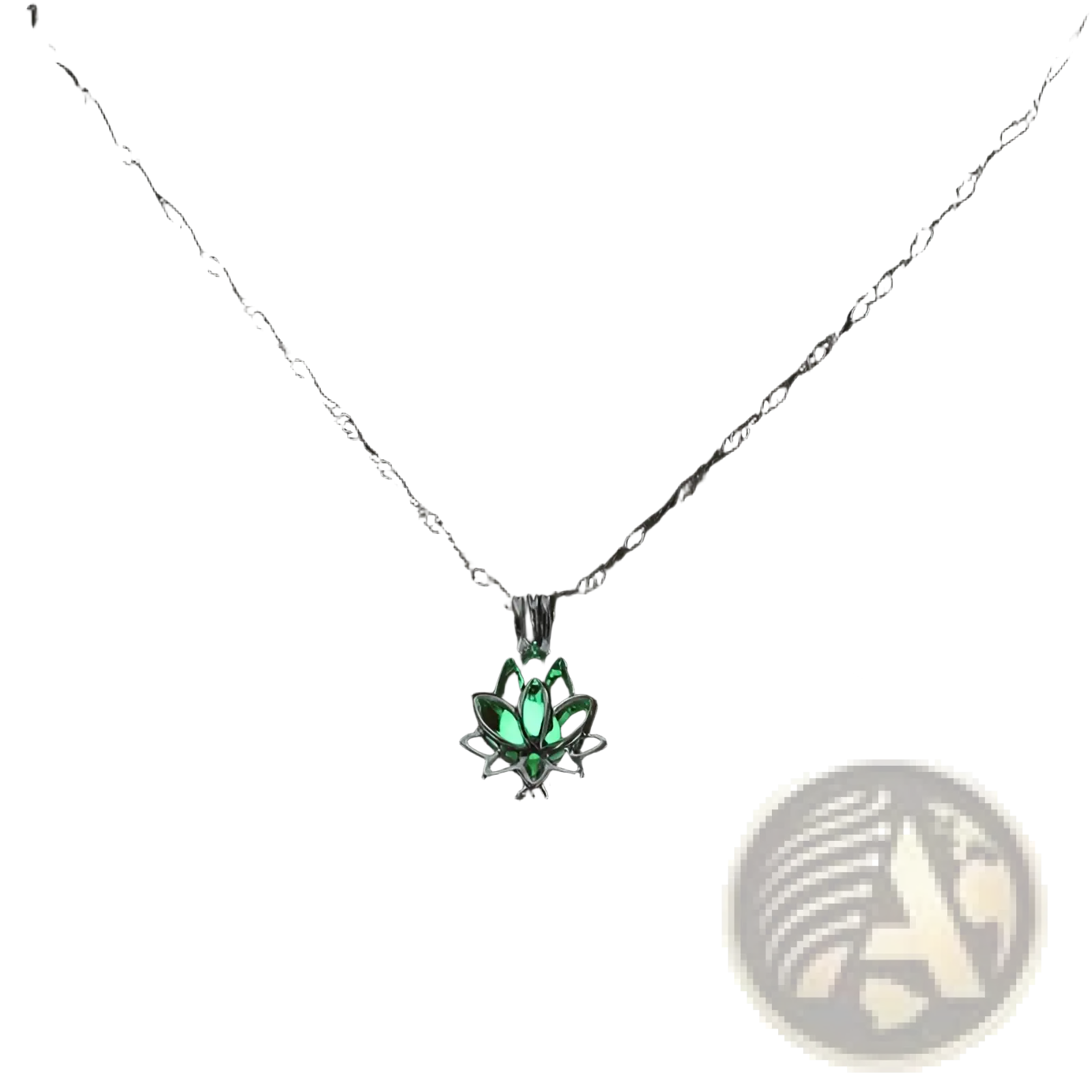 A glowing green lotus flower glow pendant necklace with a silver chain made of luminous material