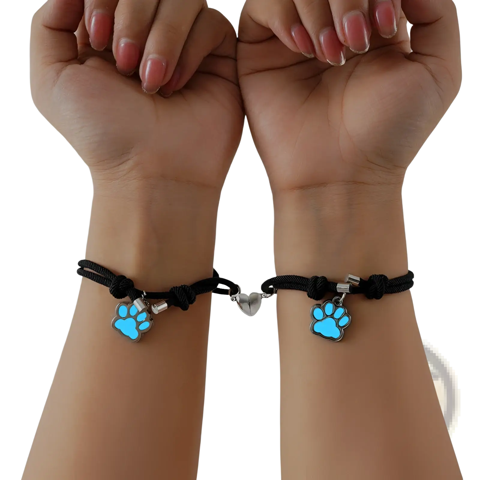 Black corded luminous magnetic heart paw print couple bracelets with glowing blue charms and silver heart connector