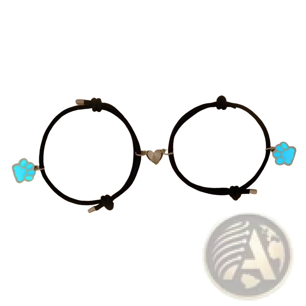 Black corded luminous magnetic heart paw print couple bracelets with glowing blue charms and silver heart connector