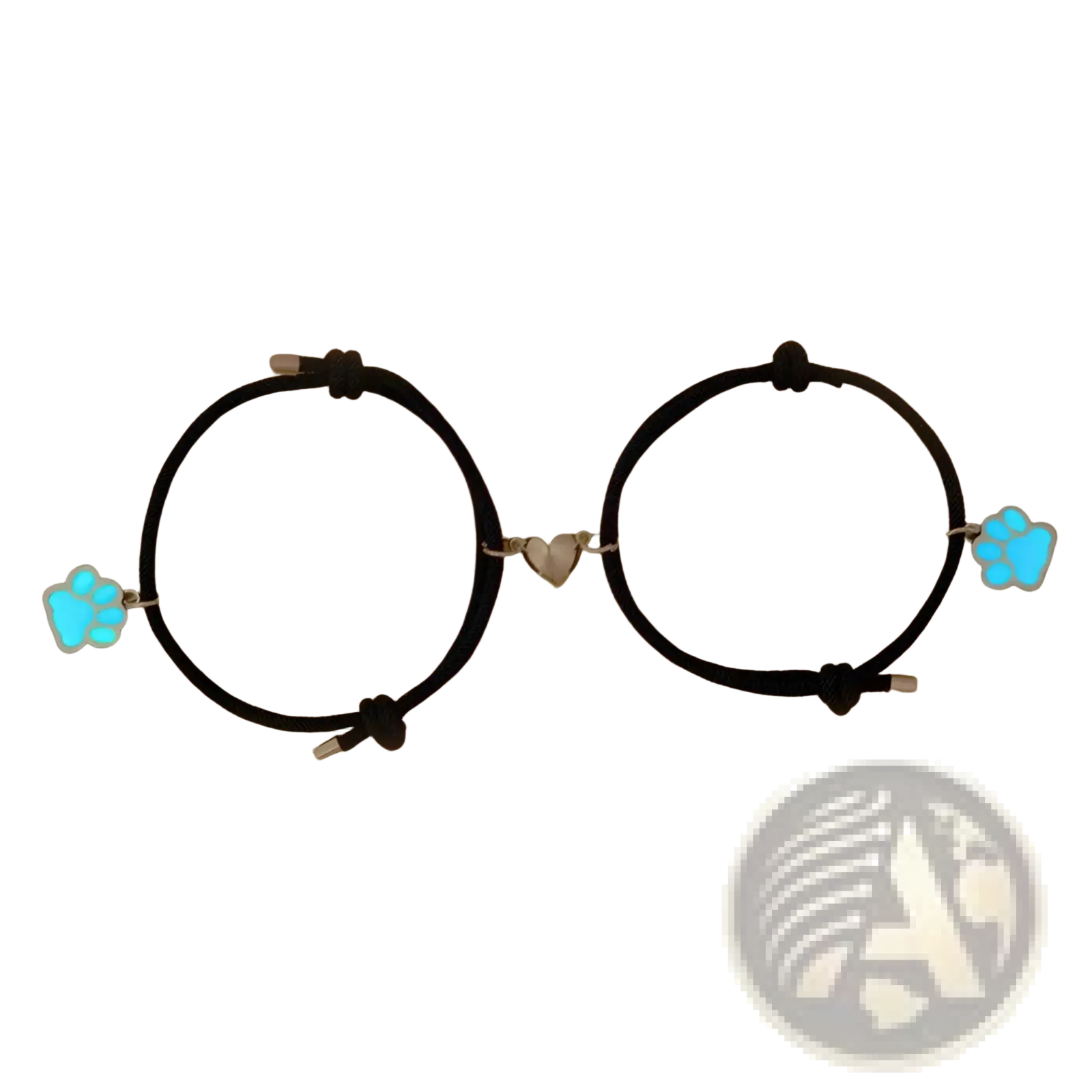 Black corded luminous magnetic heart paw print couple bracelets with glowing blue charms and silver heart connector