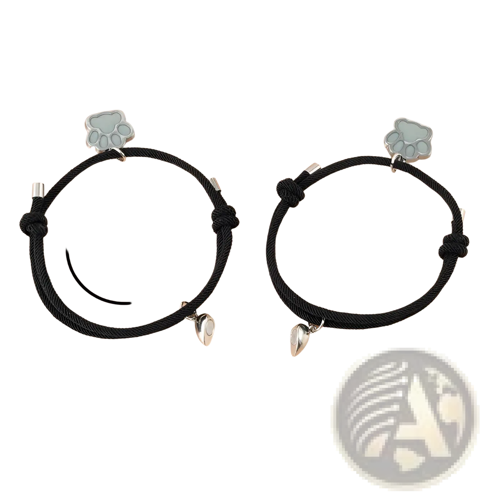 Black corded luminous magnetic heart paw print couple bracelets with silver charms and small heart pendants