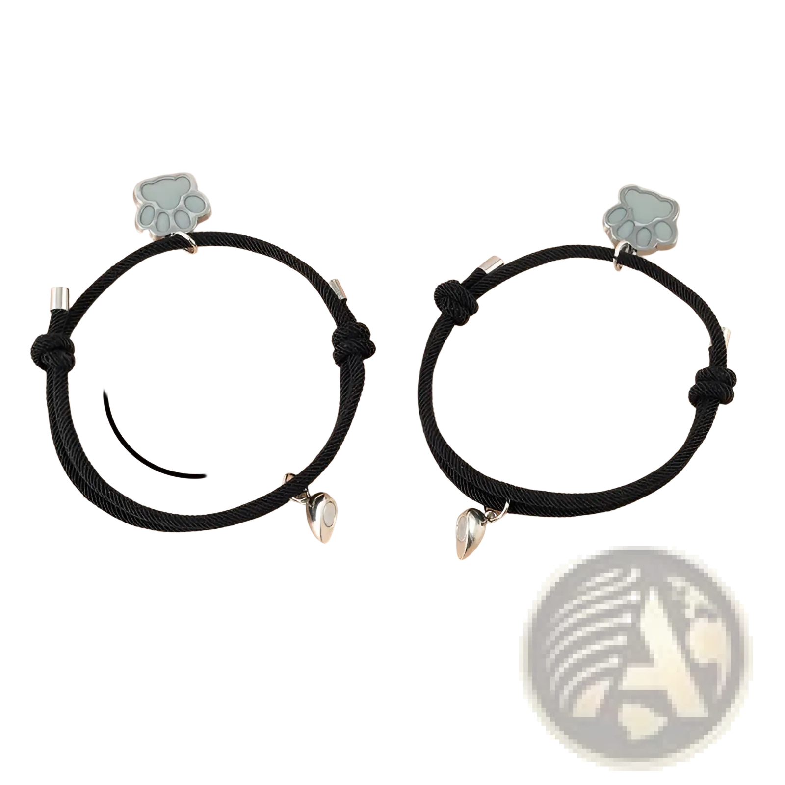 Black corded luminous magnetic heart paw print couple bracelets with silver charms and small heart pendants