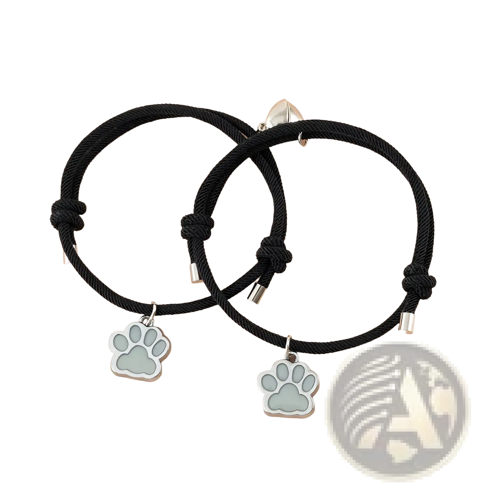 Black cord bracelet with silver paw print charm and metallic clasp from luminous magnetic heart paw print couple bracelets 2pcs