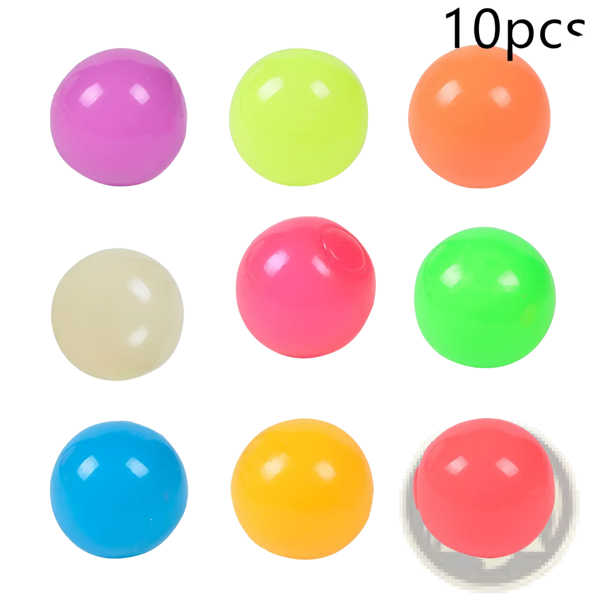 Ten colorful luminous sticky wall balls made of glossy plastic in vibrant hues that glow in the dark for squeezing play