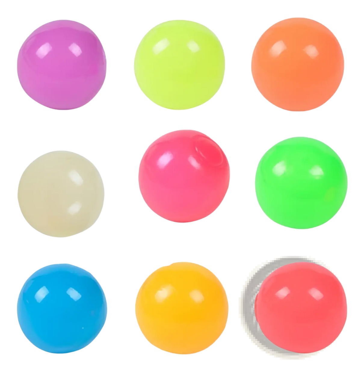 A set of 16 vibrant neon and pastel luminous sticky wall balls made of glossy plastic glow in the dark squeeze toy