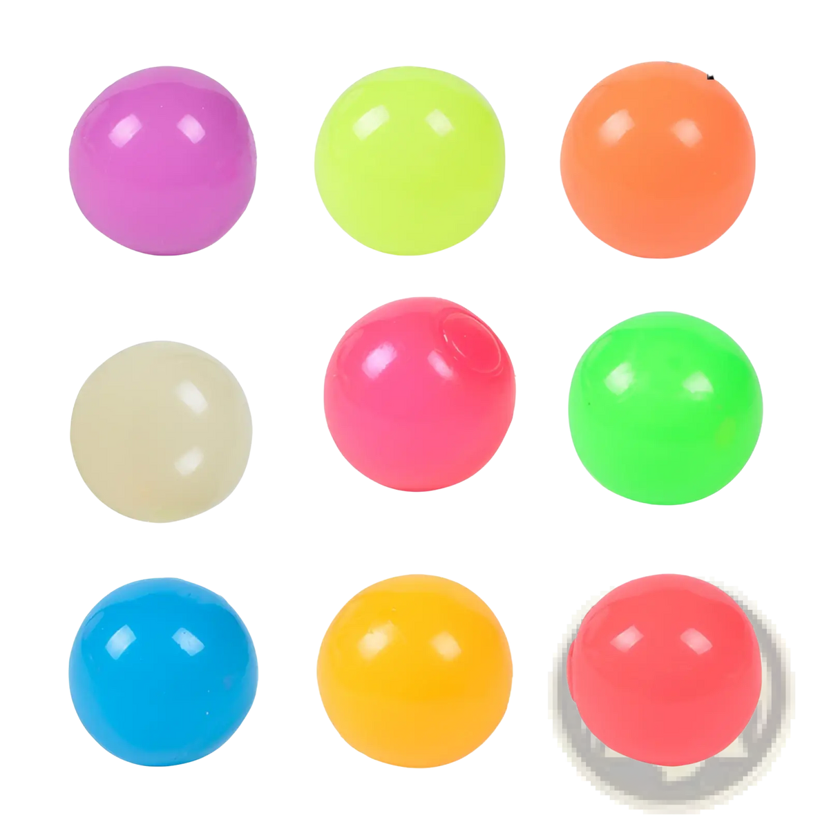 Set of nine colorful glossy plastic luminous sticky wall balls glow in the dark squeeze toy in vibrant hues