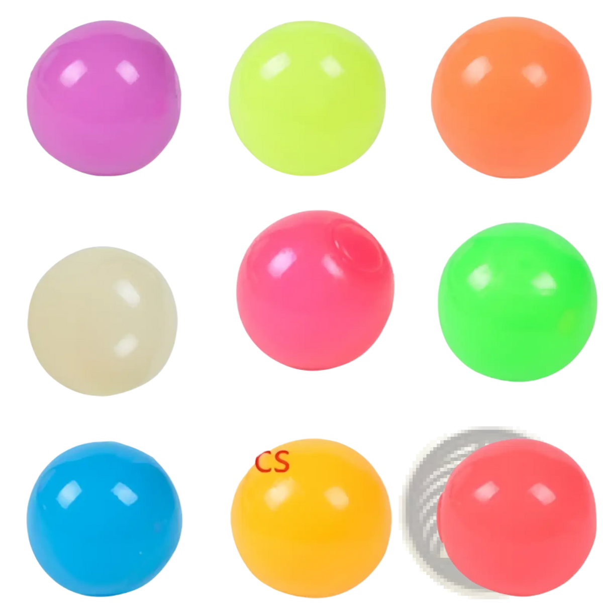 Luminous sticky wall balls glow in the dark set of eight brightly colored glossy plastic squeeze toys