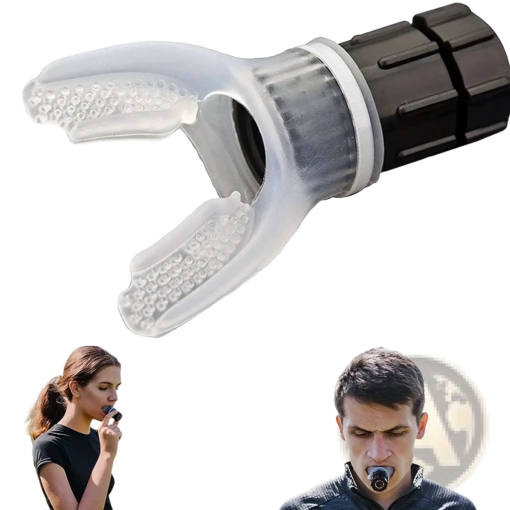 Clear plastic mouthpiece with textured grip and black adjustable knob for lung breathing trainer fitness equipment