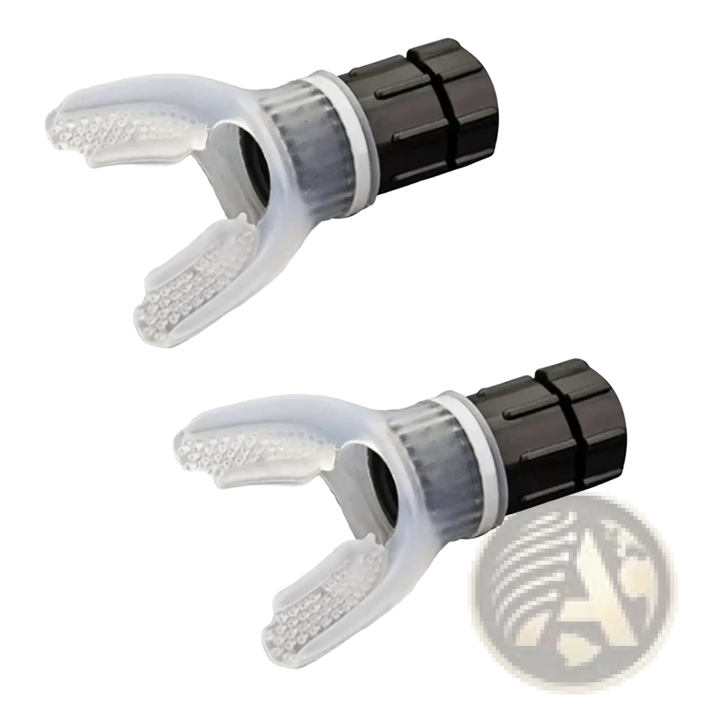 Clear plastic lung breathing trainer bite blocks with black textured caps for fitness equipment use