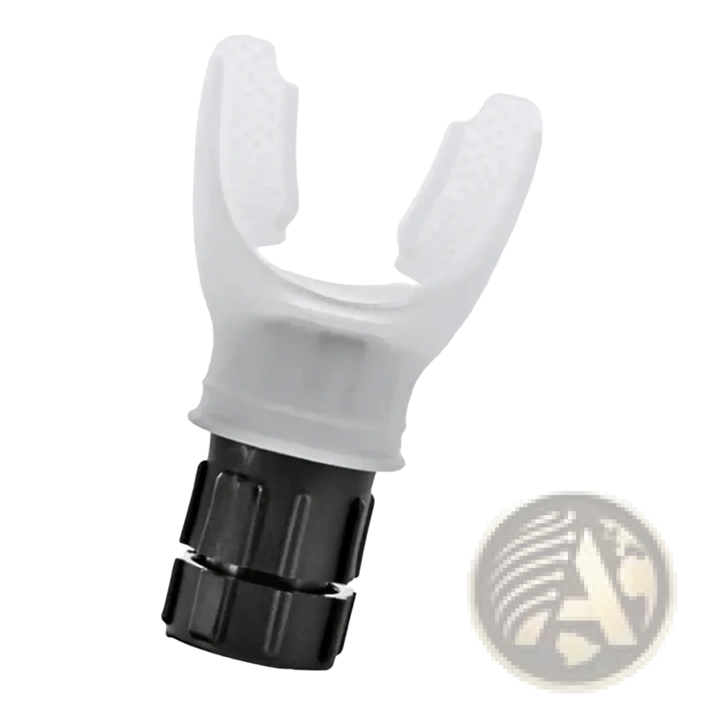 Transparent plastic snorkel mouthpiece with black textured connector for lung breathing trainer fitness equipment