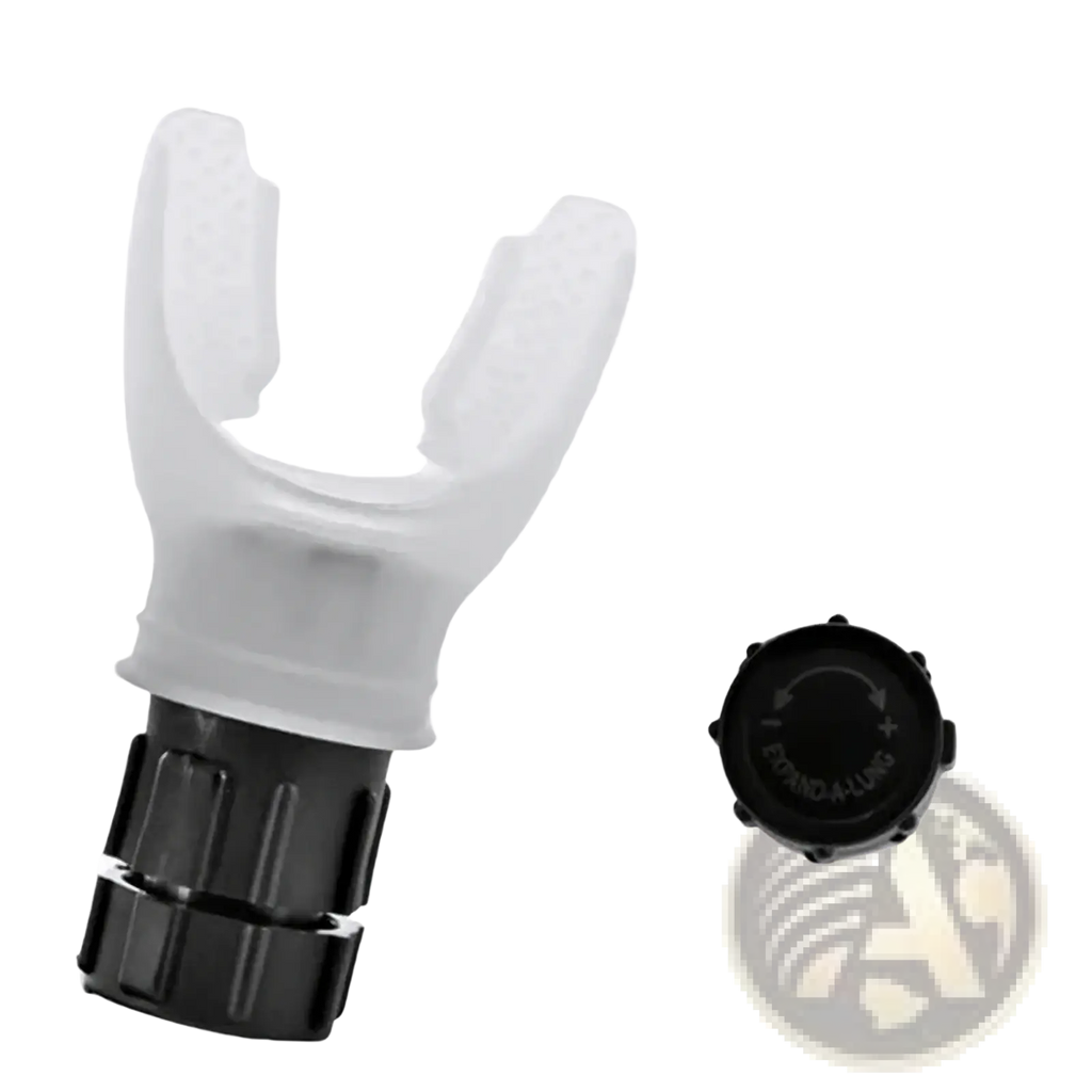 White and black adjustable snorkel with a 5cm mouthpiece for lung breathing trainer fitness equipment use