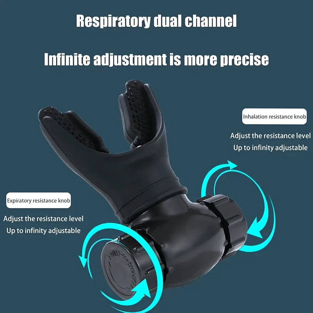 Black dual-channel scuba diving regulator with adjustable inhalation and exhalation resistance knobs for lung training