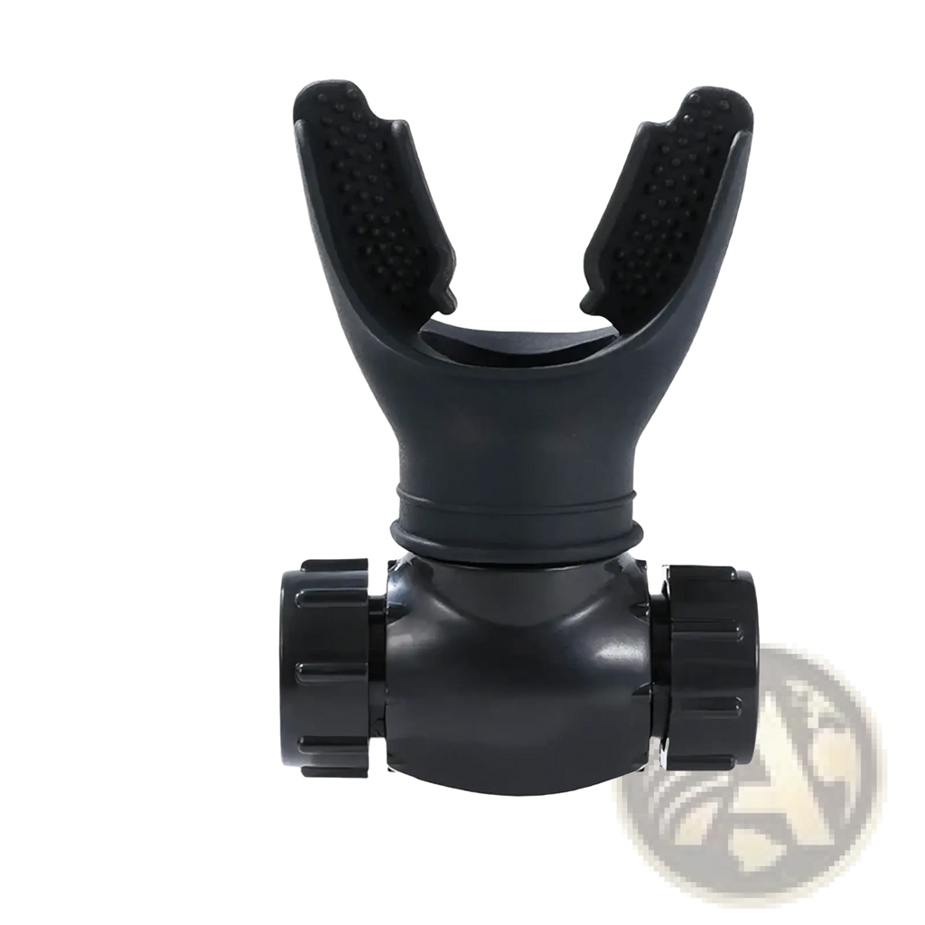 Black plastic scuba diving regulator mouthpiece with textured grip for lung breathing trainer fitness resistance exercise tool