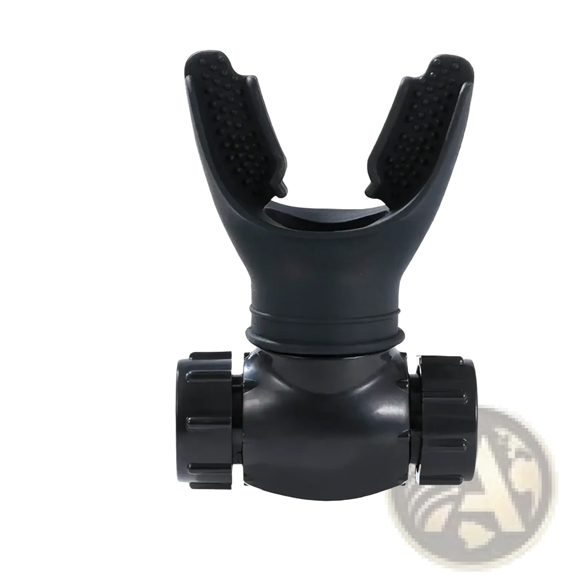 Black plastic scuba diving regulator mouthpiece with textured grip for lung breathing trainer fitness resistance exercise tool