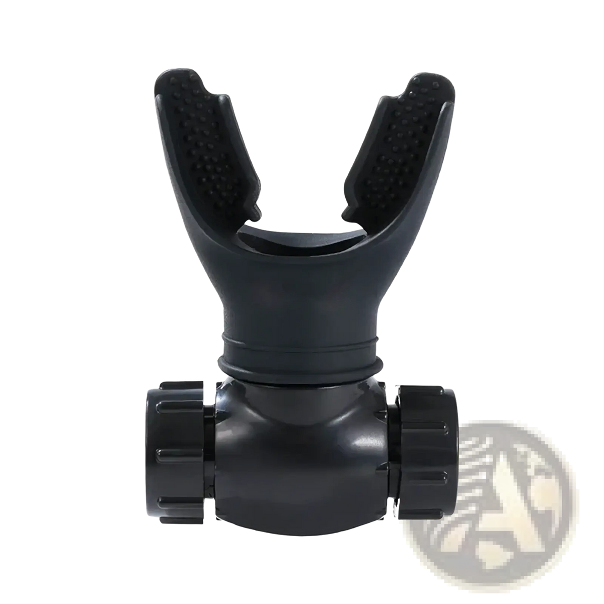 Black plastic scuba diving regulator mouthpiece with textured grip and adjustable side knobs for lung breathing trainer fitness tool