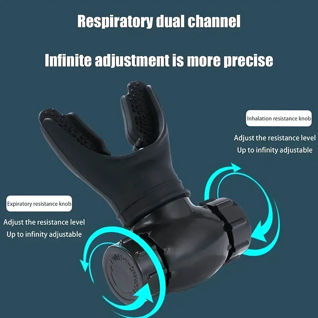 Black dual-channel scuba diving regulator with adjustable inhalation and exhalation resistance knobs for lung capacity training