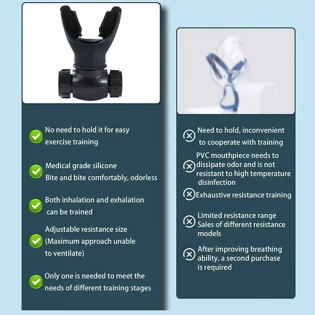 Black medical-grade silicone scuba diving mouthpiece with adjustable resistance for lung capacity exercise training device