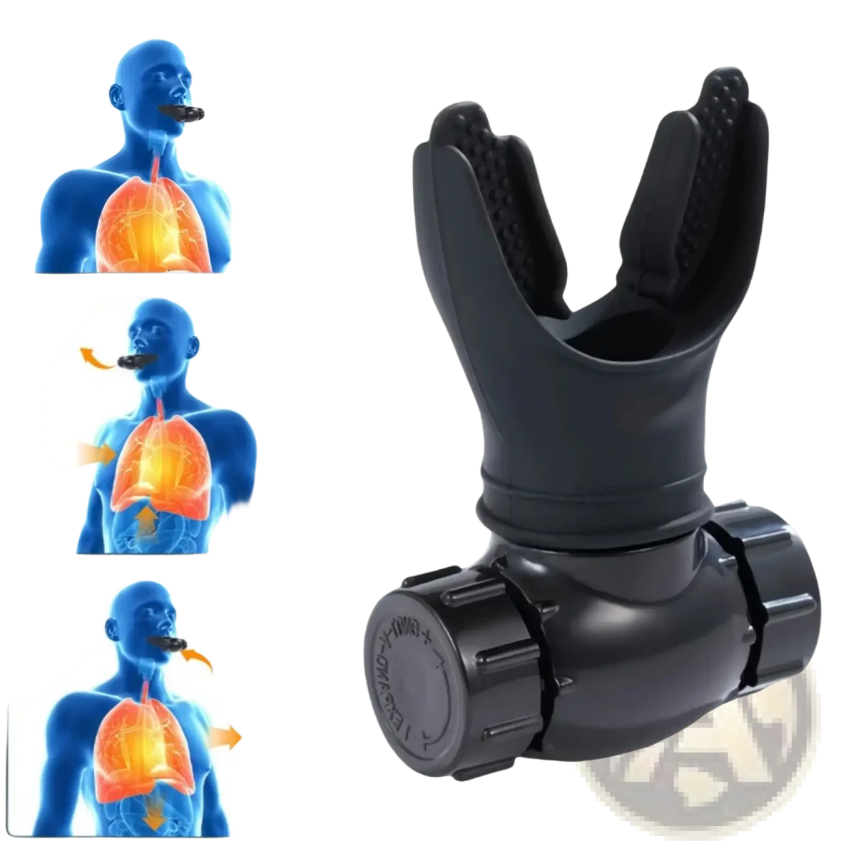 Black plastic scuba diving regulator mouthpiece with textured grip and adjustable knob for lung capacity exercise device