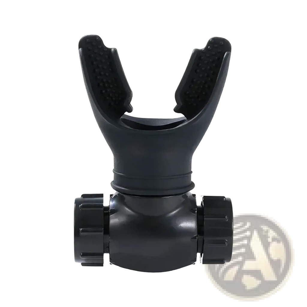 Black plastic scuba diving regulator mouthpiece with textured grip and adjustable knobs for lung capacity exercise device