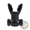 Black plastic scuba diving regulator mouthpiece with textured grip and adjustable knobs for lung capacity exercise device