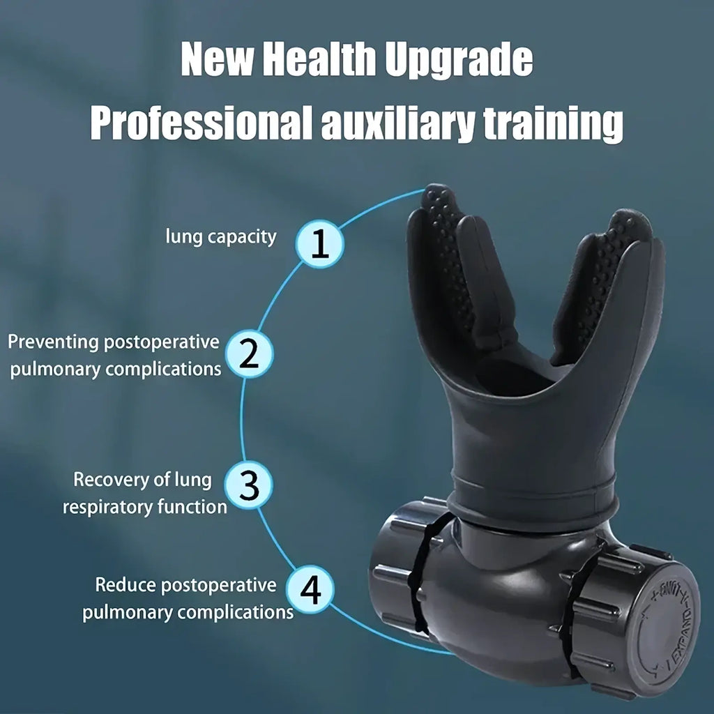 Black silicone lung capacity exercise breathing trainer device with textured grip and adjustable knob for respiratory training