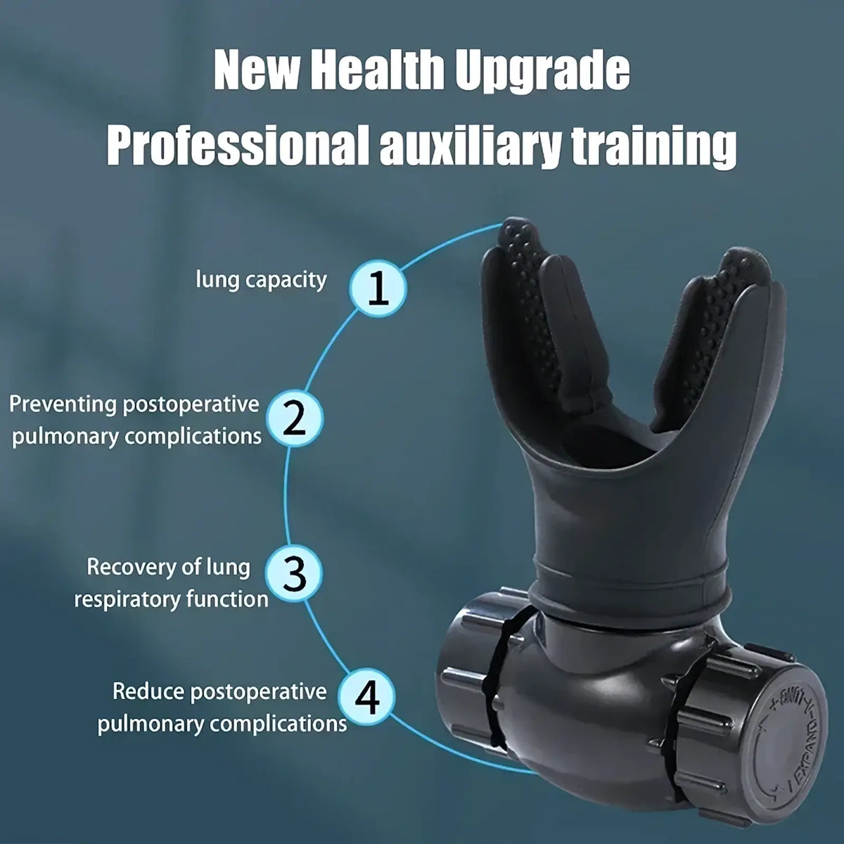 Black silicone lung capacity exercise breathing trainer device with textured grip and adjustable knob for respiratory training