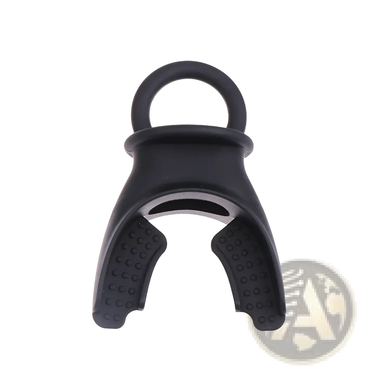 Black silicone snorkel mouthpiece with textured grip and metal ring for lung capacity training device respiratory tool