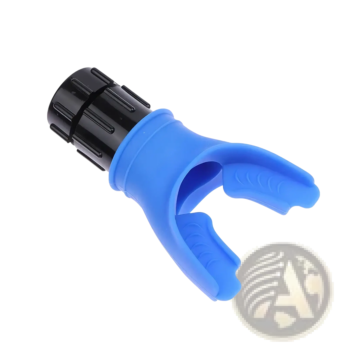 Blue silicone snorkel mouthpiece with black textured cap for lung capacity training respiratory fitness device