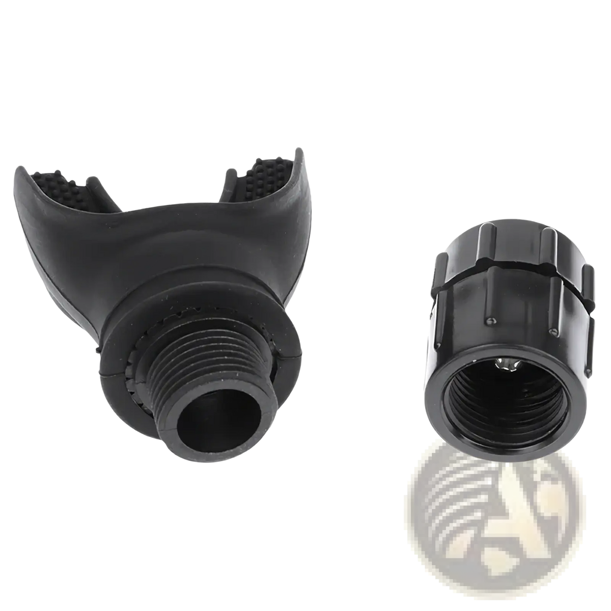 Black plastic scuba diving mask mouthpiece with textured grip and threaded connection for lung capacity training device