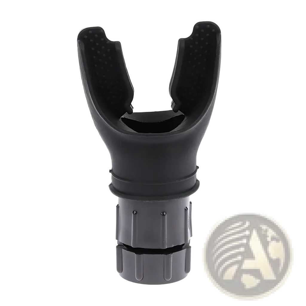 Black plastic scuba diving mask mouthpiece with textured grip and threaded connector for lung capacity training device