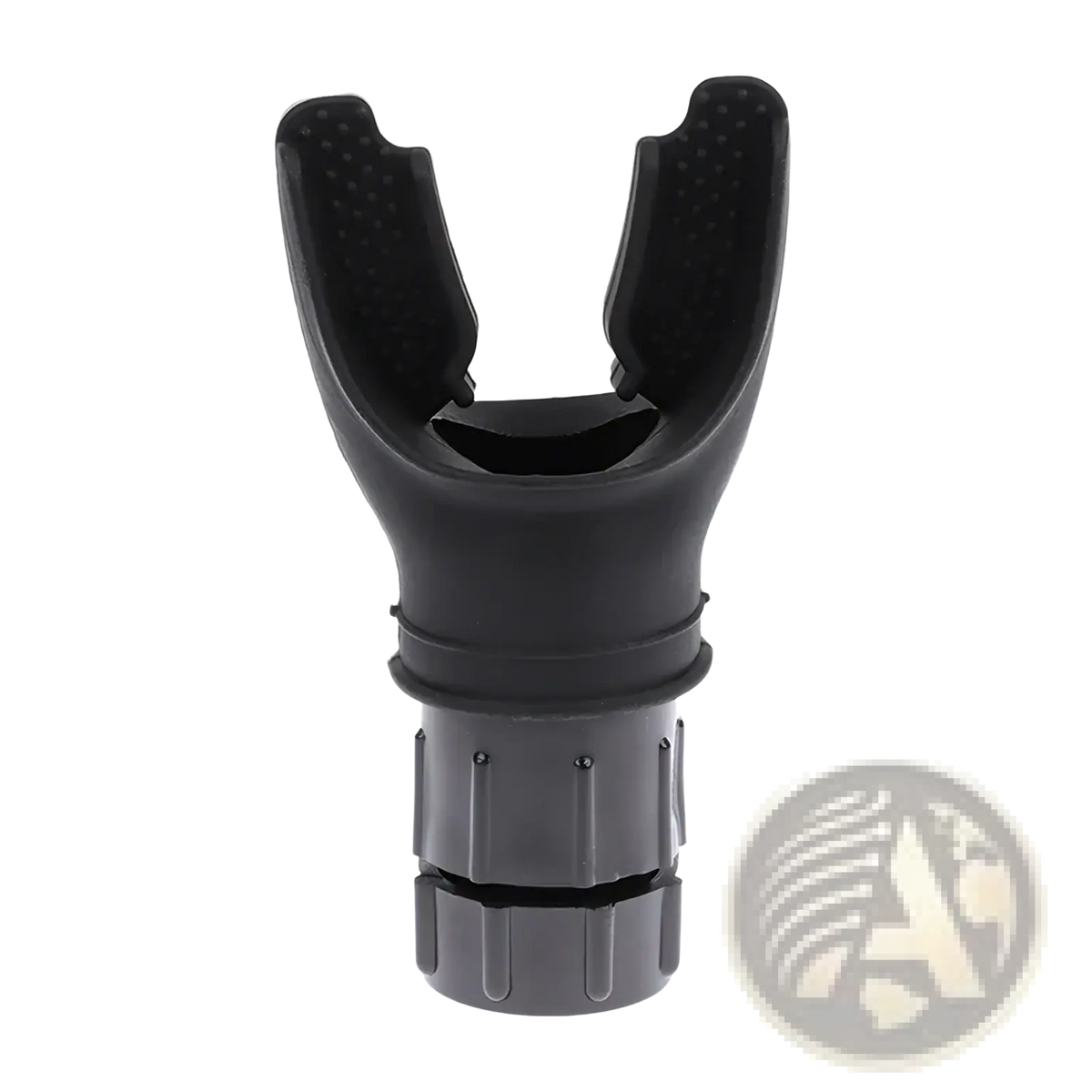 Black plastic scuba diving mask mouthpiece with textured grip and threaded connector for lung capacity training device