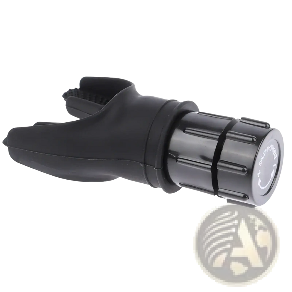 Black rubber diving regulator first stage with textured grip and molded handle for respiratory fitness training