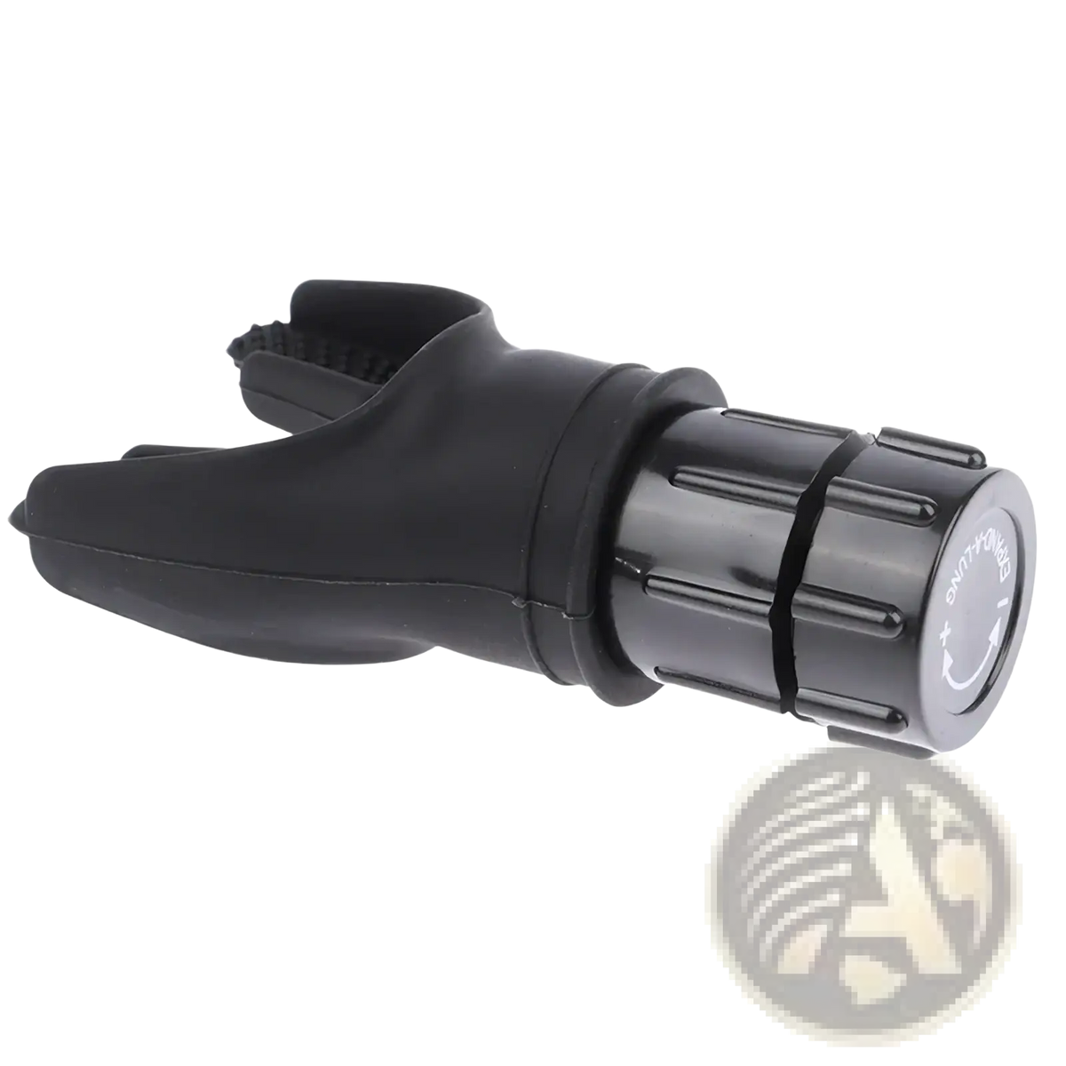 Black rubber diving regulator first stage with textured grip and molded handle for respiratory fitness training