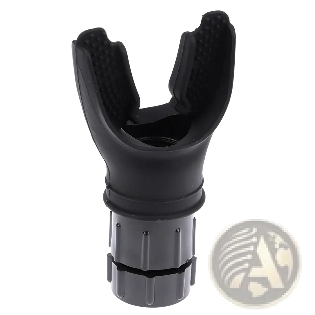 Black silicone diving mask mouthpiece with textured grip and threaded connection for lung capacity training device