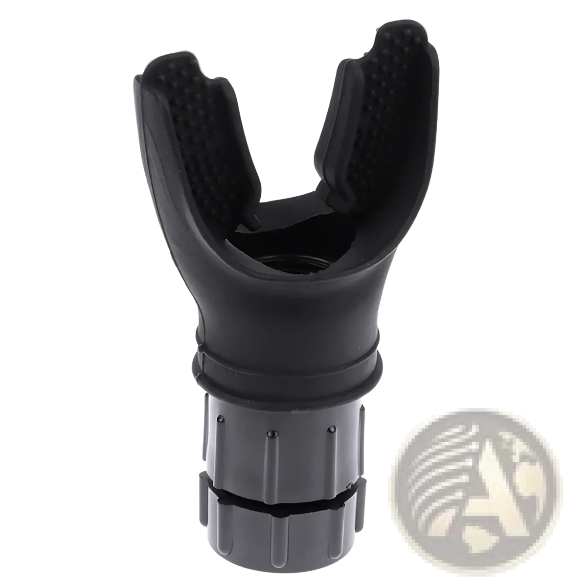 Black silicone diving mask mouthpiece with textured grip and threaded connection for lung capacity training device