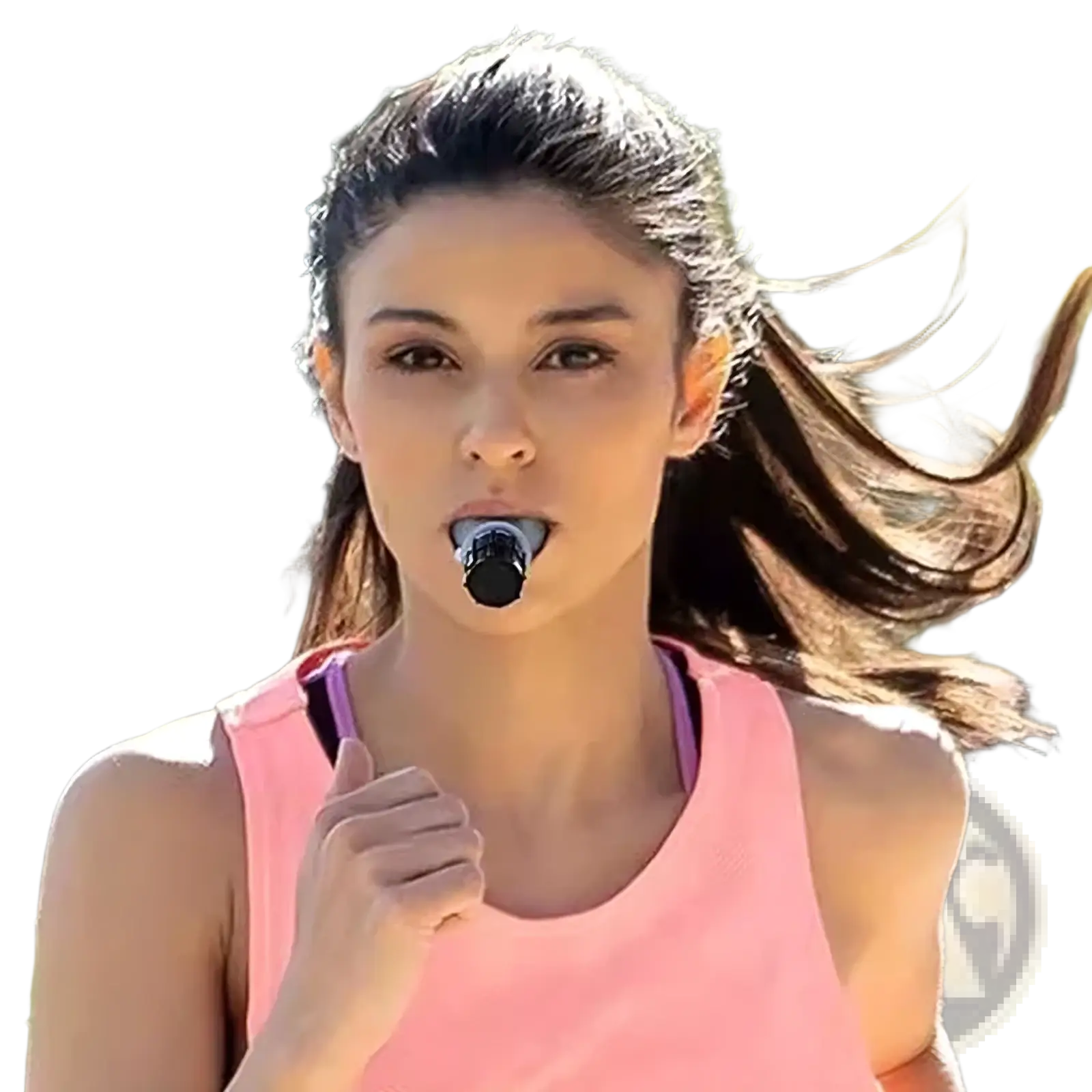 Black and silver lung capacity training device made of durable material held in a woman’s mouth for respiratory fitness