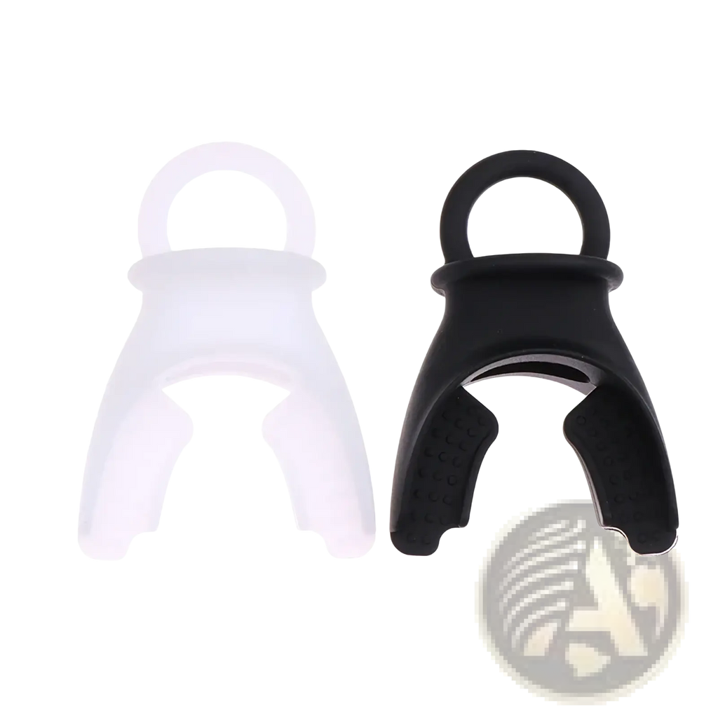 Black and white silicone lung capacity training mouth guards with looped tops for respiratory fitness attachment