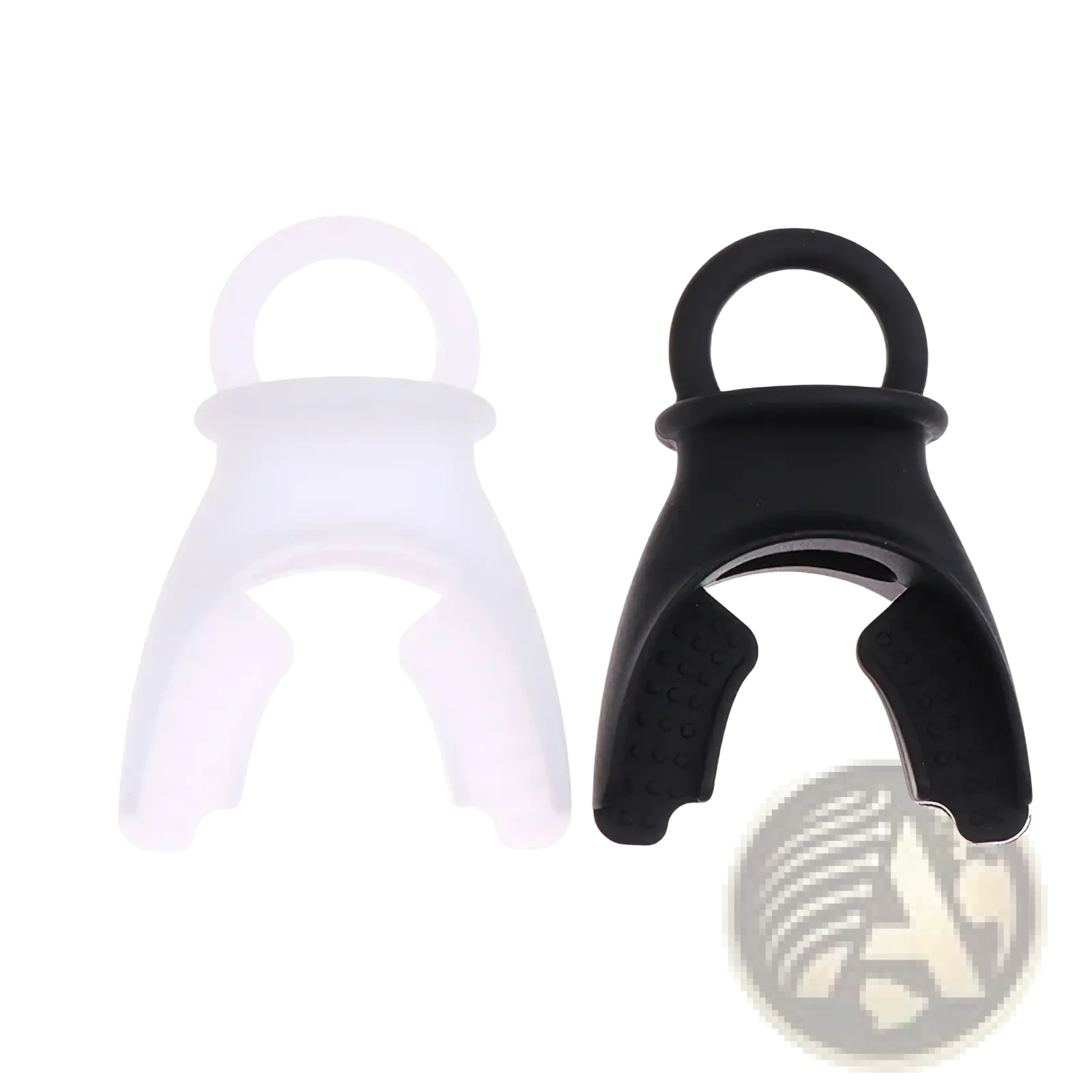 Black and white silicone lung capacity training mouth guards with looped tops for respiratory fitness attachment