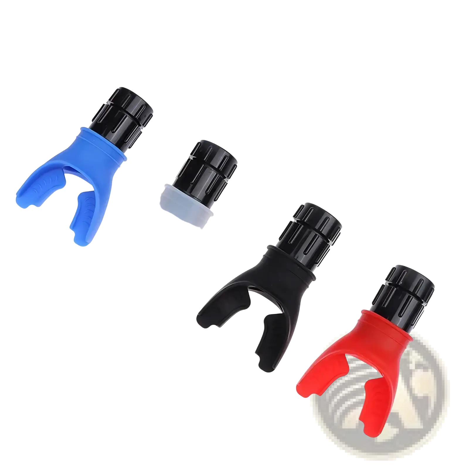 Four colorful silicone lung capacity training devices with black textured tops for respiratory fitness