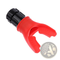 Red and black plastic scuba diving regulator mouthpiece with textured grip for lung capacity training device respiratory fitness tool